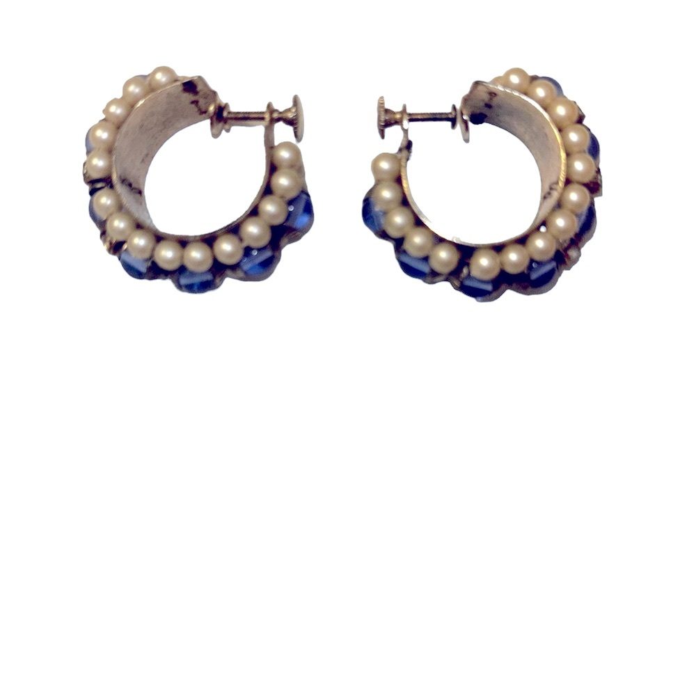 Estate Mid Century Hoop Blue Cabochon Faux Pearl Clip On Statement Earrings